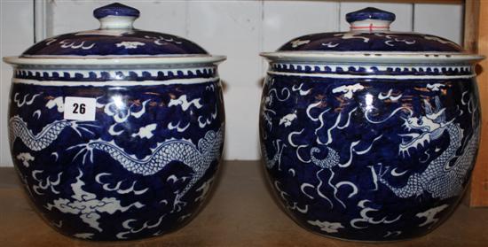 Pair of Chinese blue & white dragon jars and covers